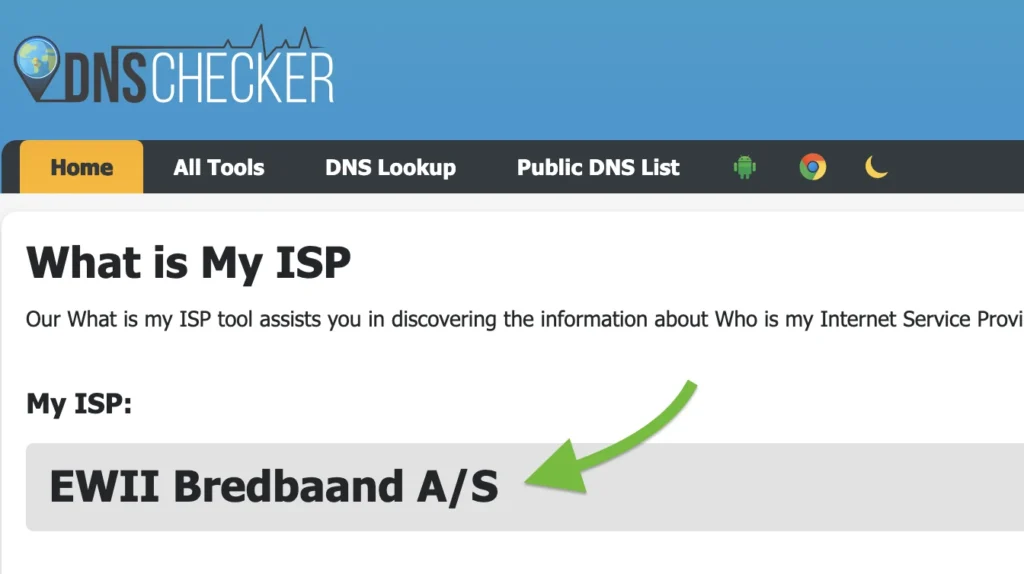 Visning af internetudbyder på hjemmesiden dnschecker.org