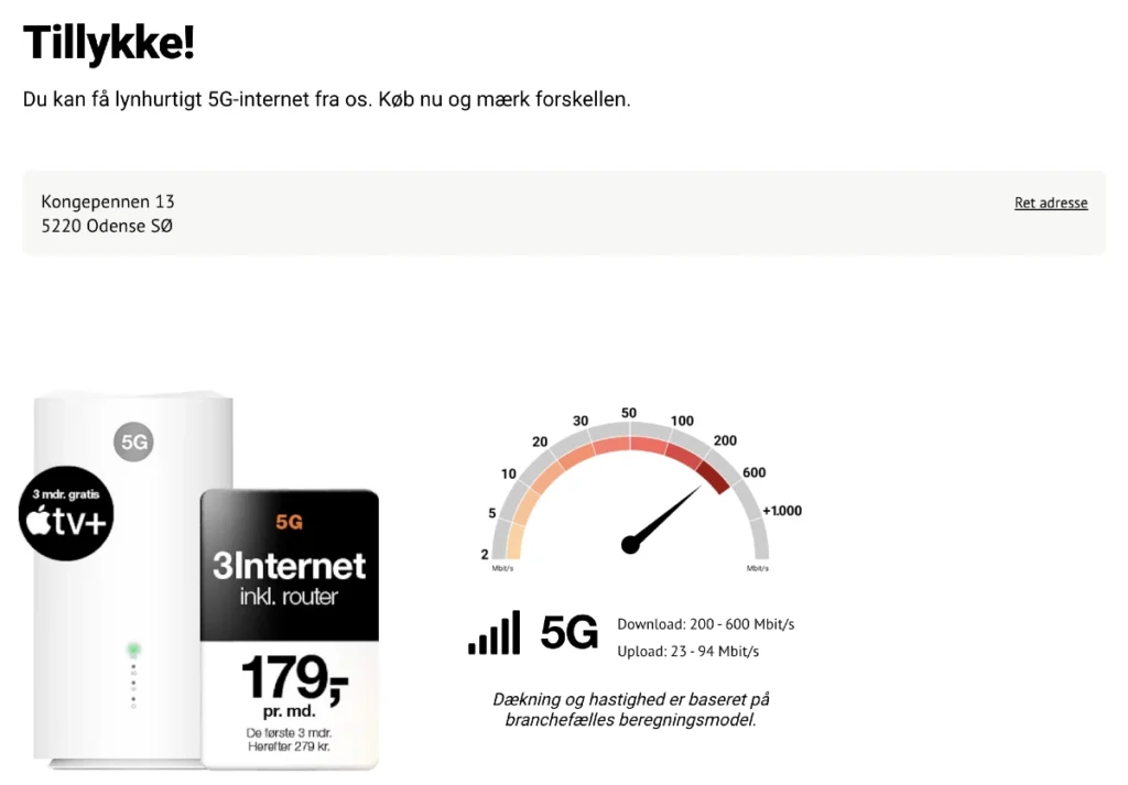 3 Mobil 5G mobilt bredbånd resultat adressesøgning